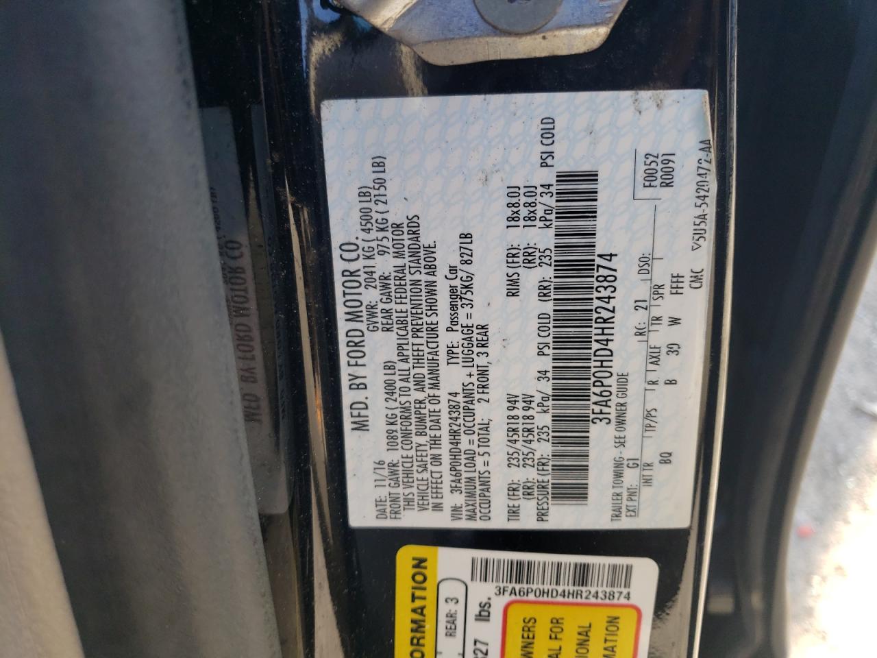 2017 Ford Fusion VIN 3FA6P0HD4HR243874 Copart auction photo, front end damage thumbnail 12