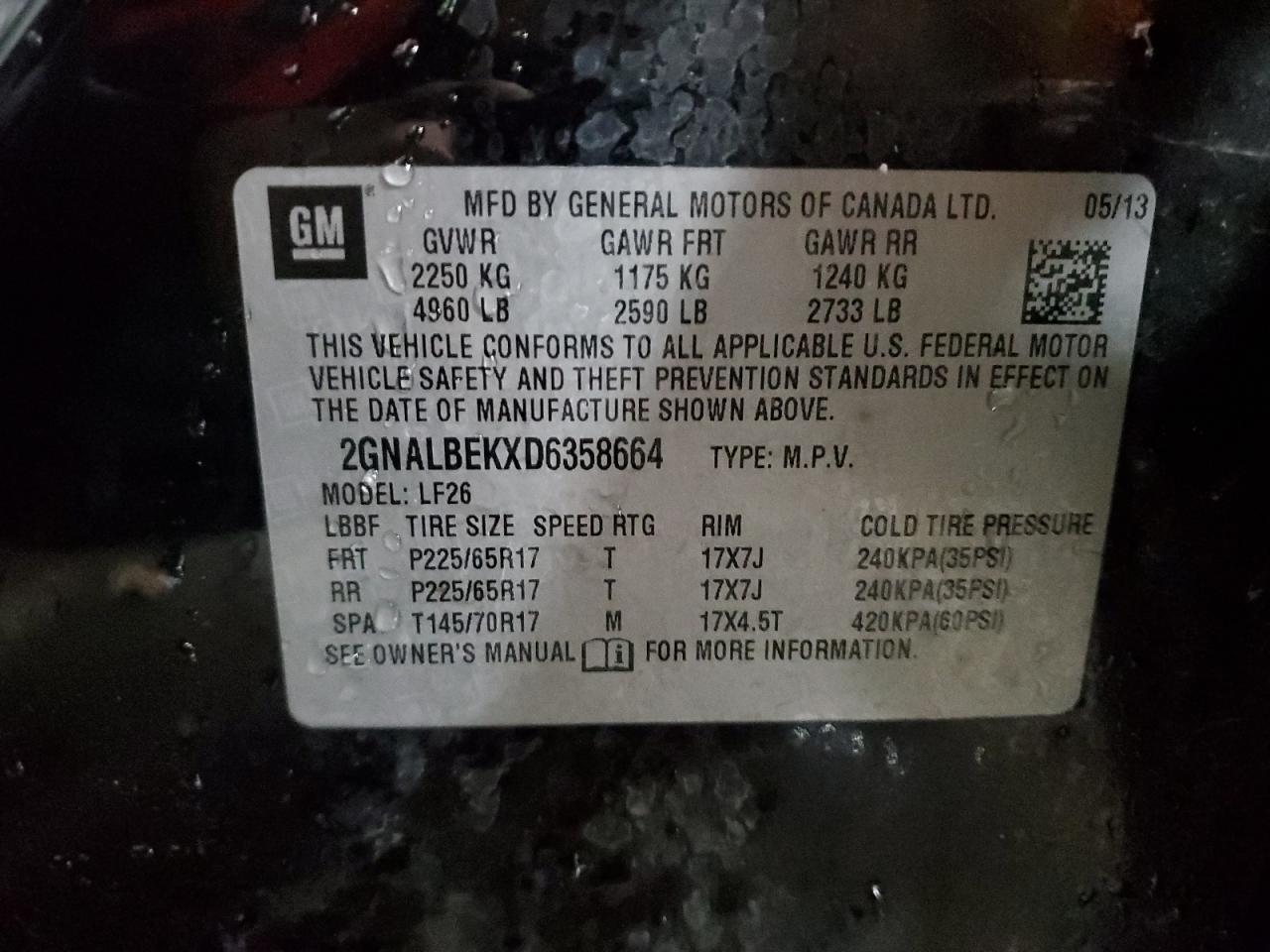2013 Chevrolet Equinox VIN 2GNALBEKXD6358664 Copart auction photo, front end damage thumbnail 14