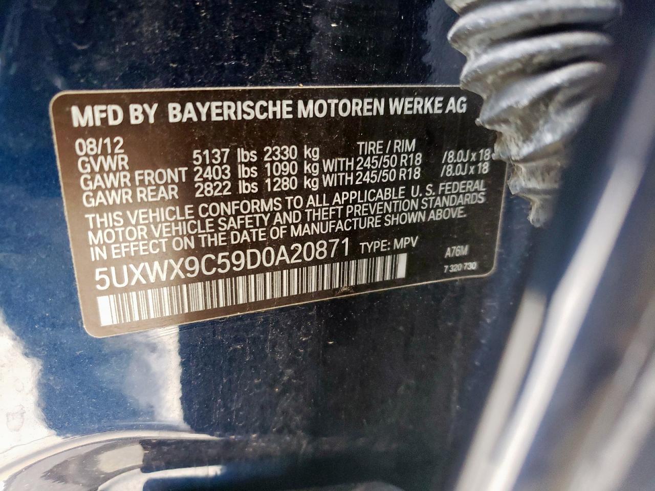 2013 BMW X3 VIN 5UXWX9C59D0A20871 Copart auction photo, front end / rear end damage thumbnail 13