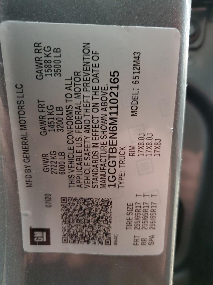 2021 Chevrolet Colorado VIN 1GCGTBEN6M1102165 Copart auction photo, front end / rear end damage thumbnail 13