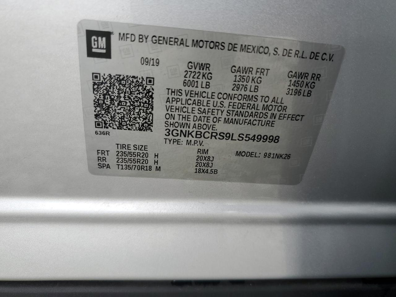 2020 Chevrolet Blazer VIN 3GNKBCRS9LS549998 Copart auction photo, front end / side damage thumbnail 14