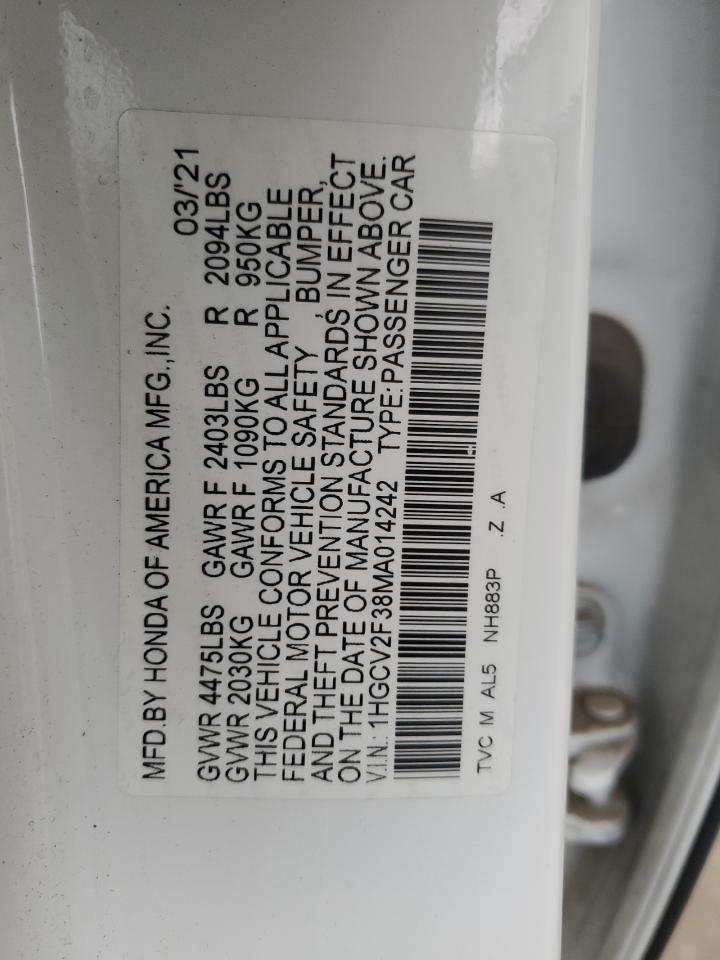 2021 Honda Accord VIN 1HGCV2F38MA014242 Copart auction photo, rear end damage thumbnail 12