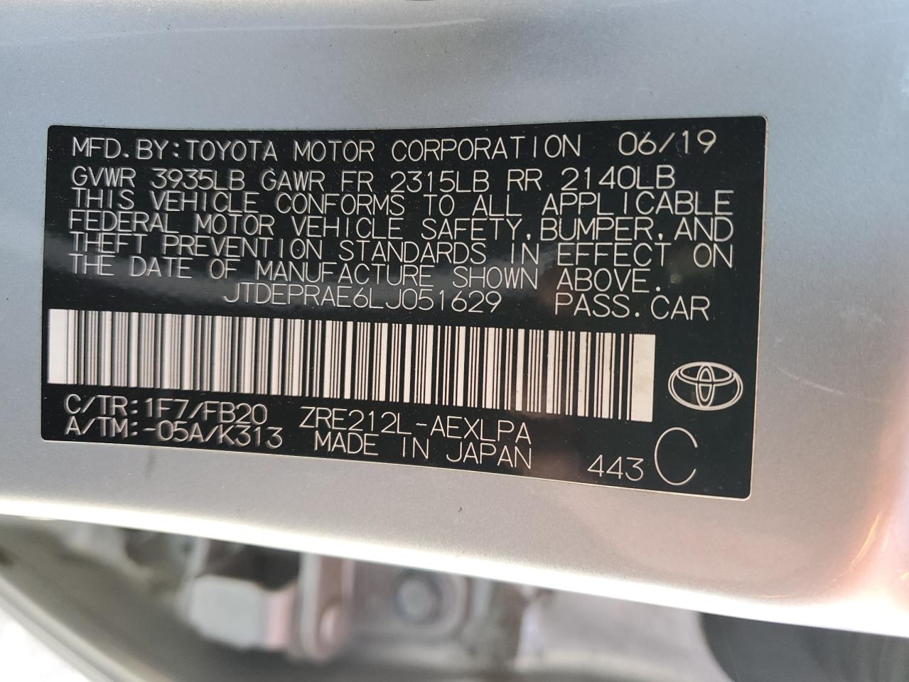 2020 Toyota Corolla VIN JTDEPRAE6LJ051629 Copart auction photo, side / hail damage thumbnail 14