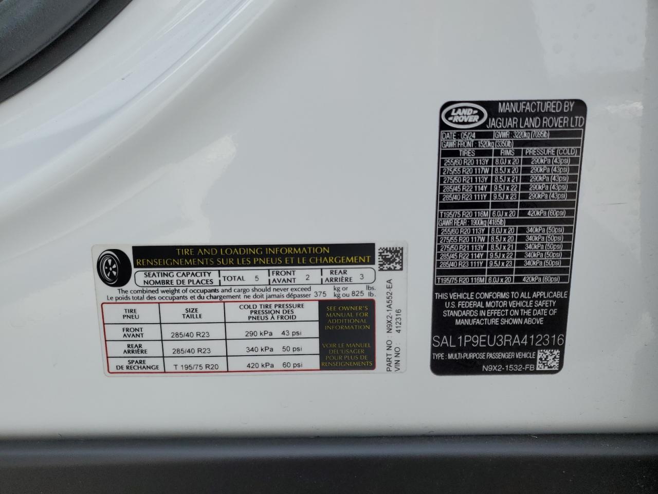 2024 Land Rover Range Rover VIN SAL1P9EU3RA412316 Copart auction photo, front end / minor dent/scratches damage thumbnail 13