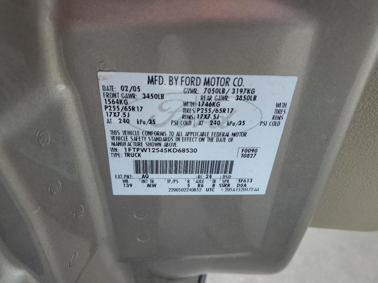 2005 Ford F-150 VIN 1FTPW12545KD68530 Copart auction photo, rear end damage thumbnail 12
