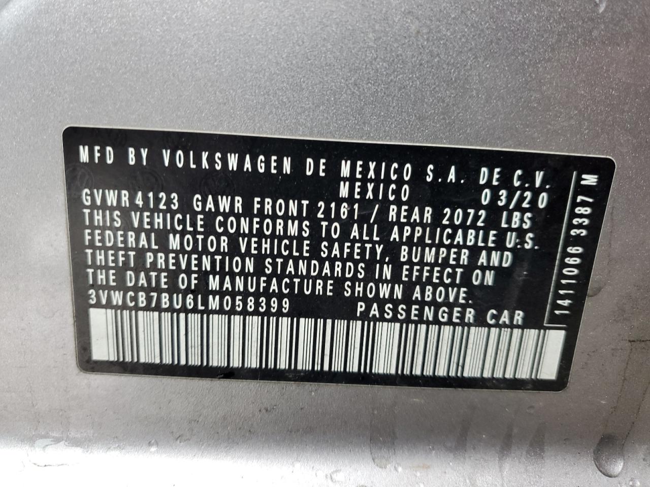 2020 Volkswagen Jetta VIN 3VWCB7BU6LM058399 Copart auction photo, all over damage thumbnail 14