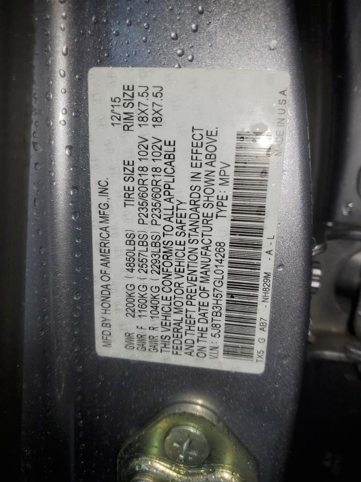 2016 Acura RDX VIN 5J8TB3H57GL014268 Copart auction photo, rear end / front end damage thumbnail 16