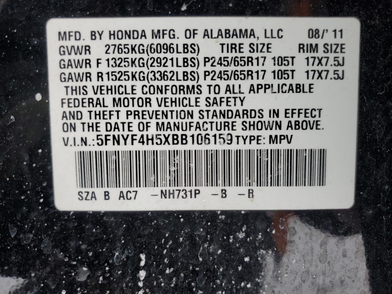 2011 Honda Pilot VIN 5FNYF4H5XBB106159 Copart auction photo, side damage thumbnail 15