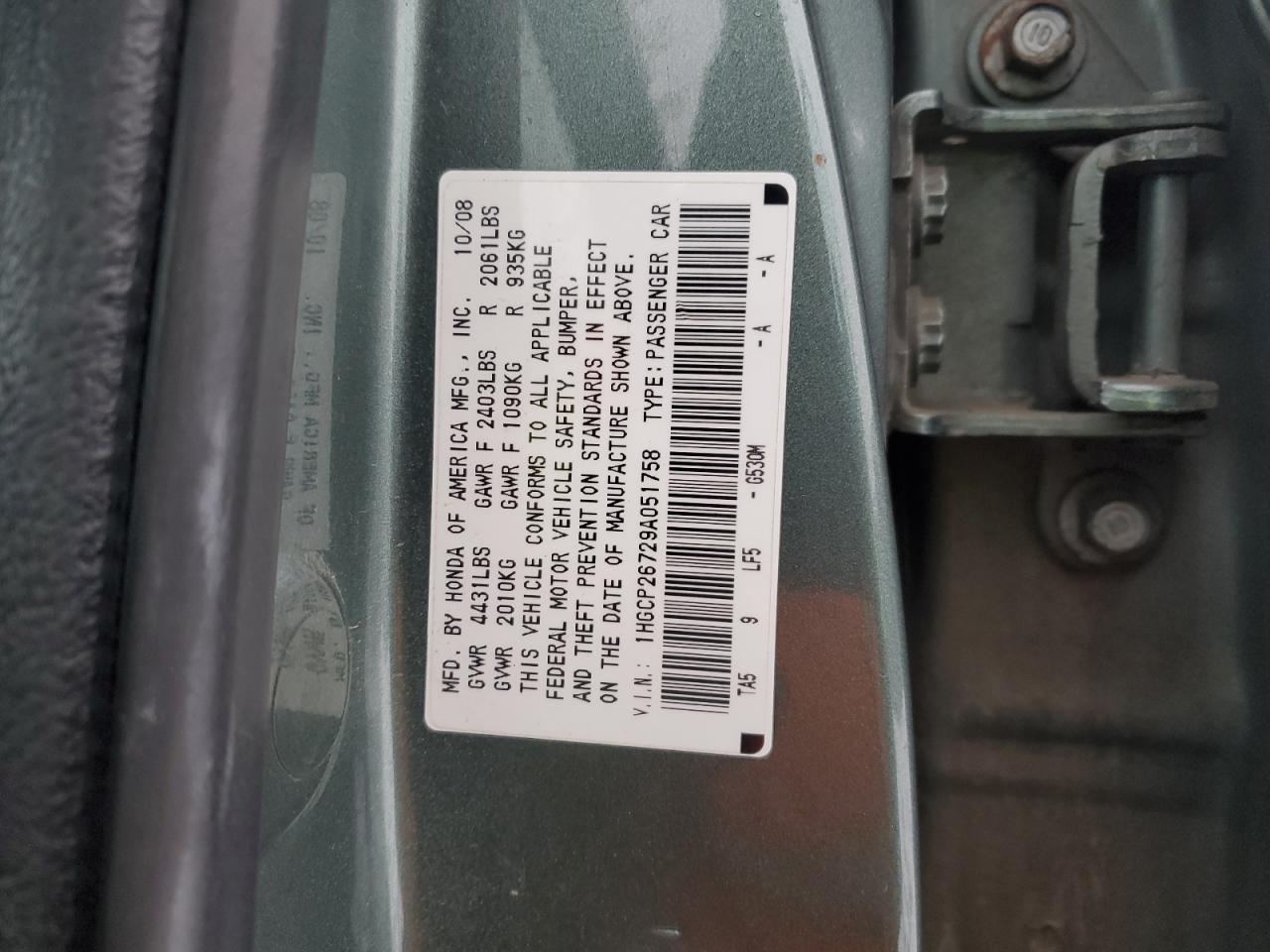 2009 Honda Accord VIN 1HGCP26729A051758 Copart auction photo, front end damage thumbnail 12