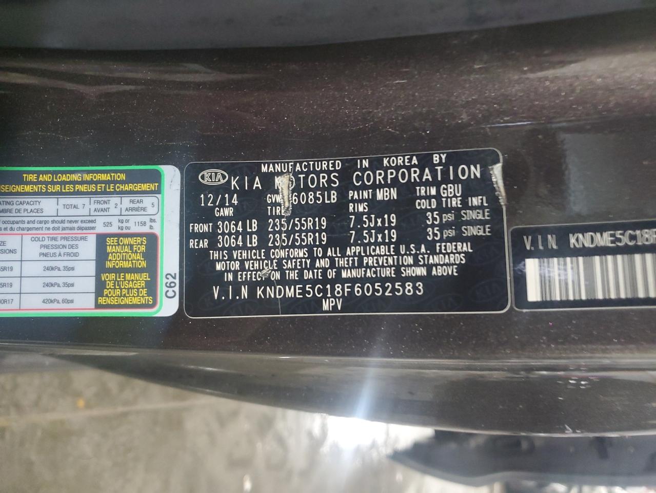 2015 KIA Sedona VIN KNDME5C18F6052583 Copart auction photo, front end damage thumbnail 13