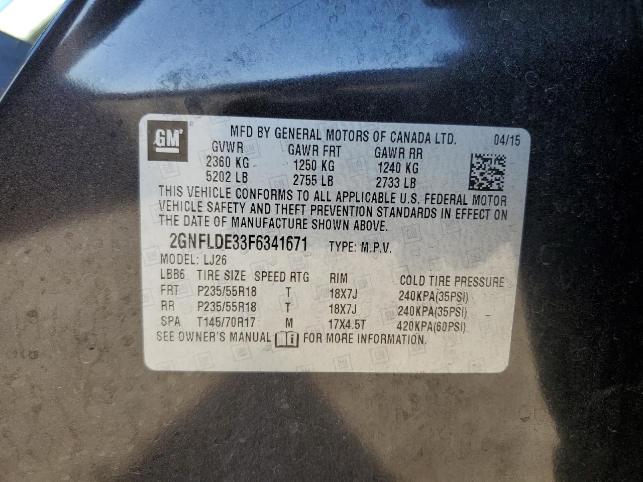 2015 Chevrolet Equinox VIN 2GNFLDE33F6341671 Copart auction photo, front end / side damage thumbnail 15