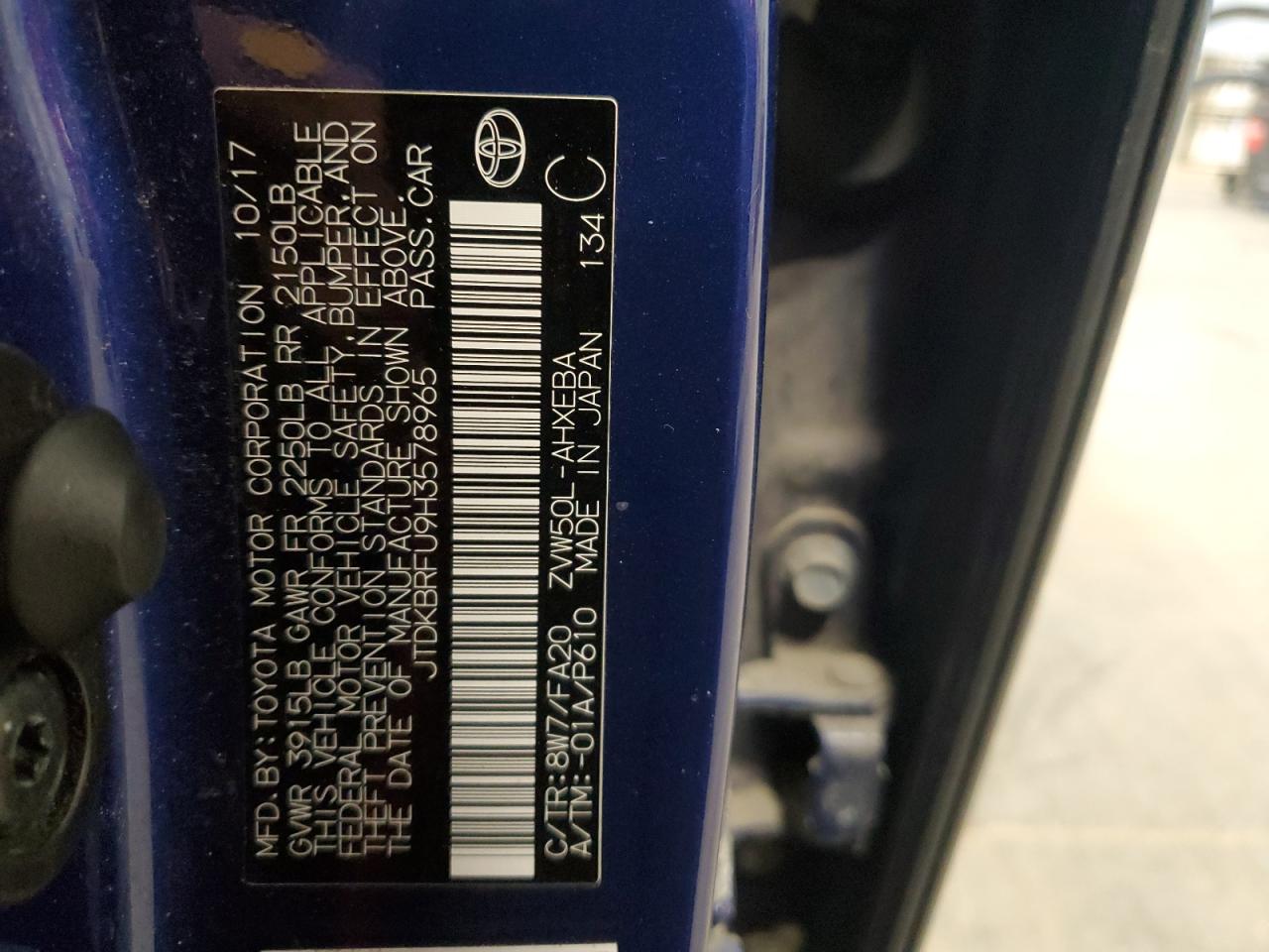 2017 Toyota Prius VIN JTDKBRFU9H3578965 Copart auction photo, front end damage thumbnail 12