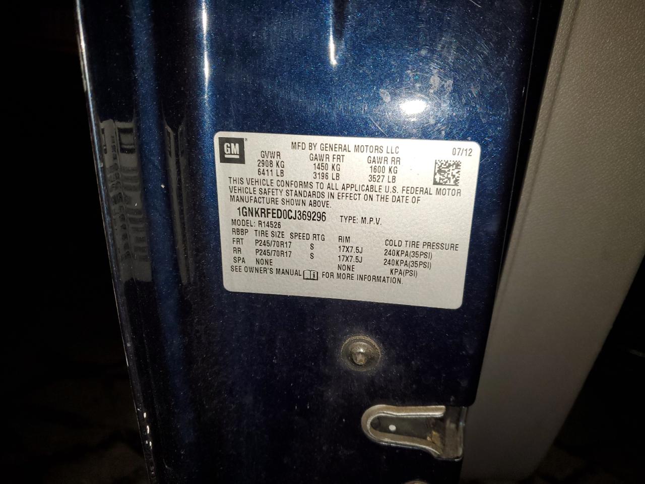 2012 Chevrolet Traverse VIN 1GNKRFED0CJ369296 Copart auction photo, minor dent/scratches damage thumbnail 13
