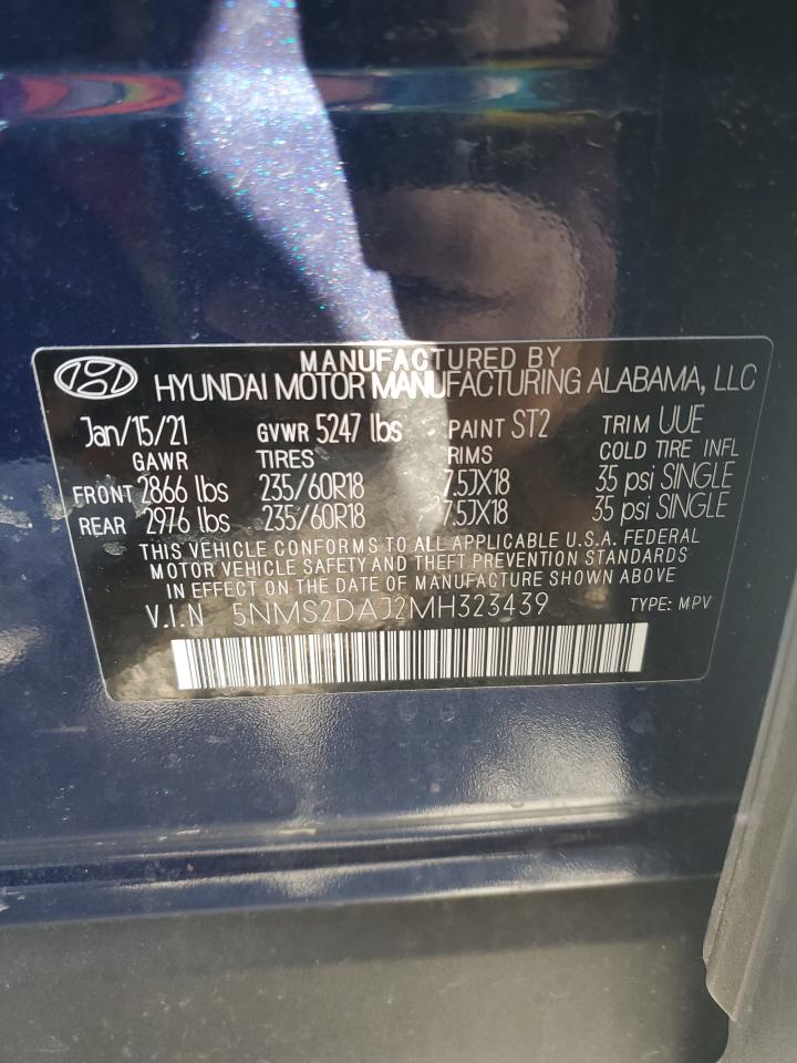 2021 Hyundai Santa Fe VIN 5NMS2DAJ2MH323439 Copart auction photo, front end / rear end damage thumbnail 14
