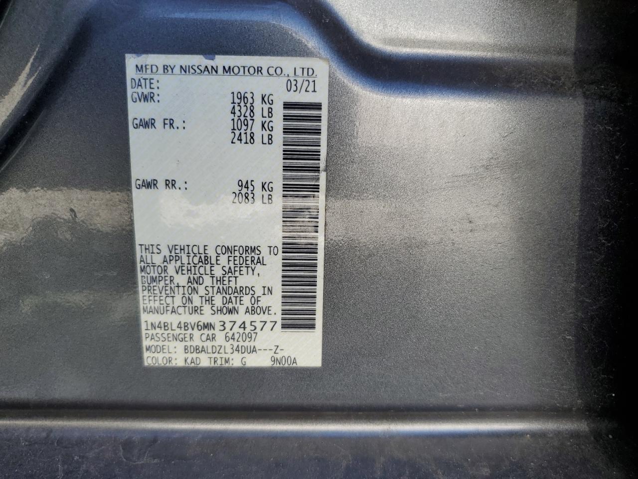 2021 Nissan Altima VIN 1N4BL4BV6MN374577 Copart auction photo, front end damage thumbnail 14