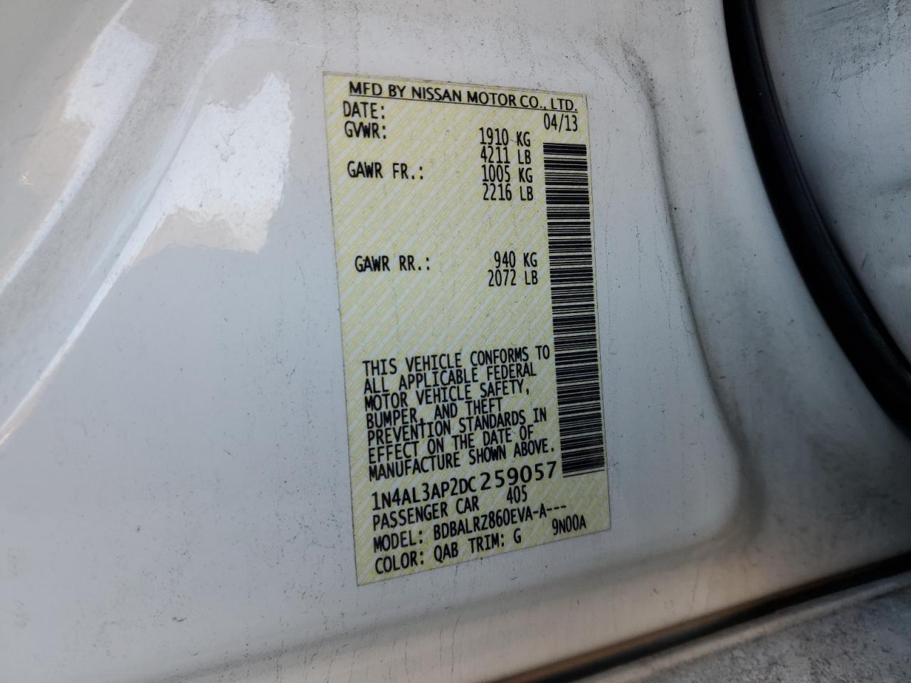 2013 Nissan Altima VIN 1N4AL3AP2DC259057 Copart auction photo, rear end damage thumbnail 12