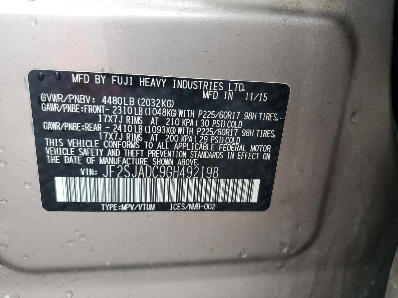 2016 Subaru Forester VIN JF2SJADC9GH492198 Copart auction photo, front end damage thumbnail 14