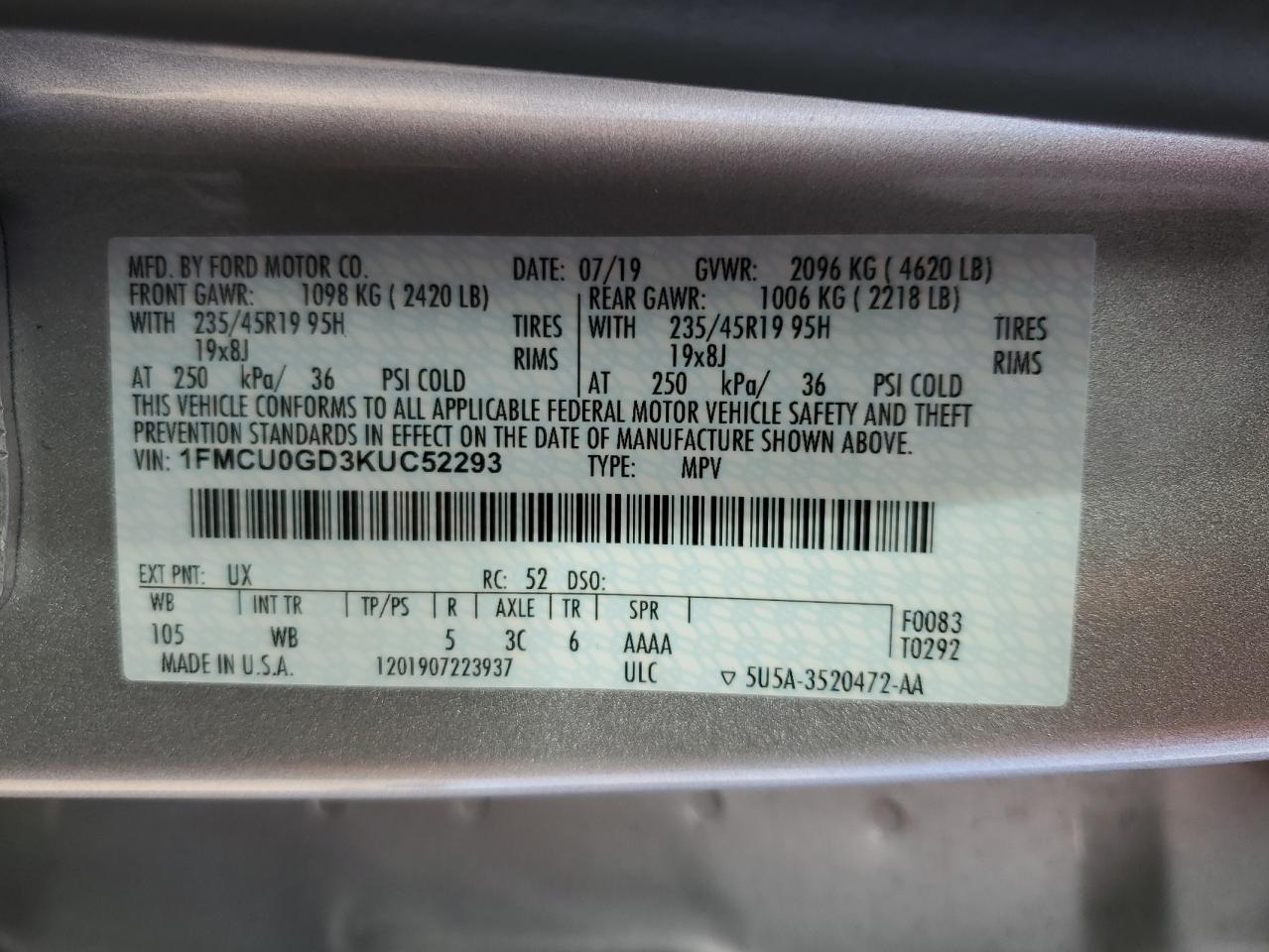 2019 Ford Escape VIN 1FMCU0GD3KUC52293 Copart auction photo, stripped damage thumbnail 15