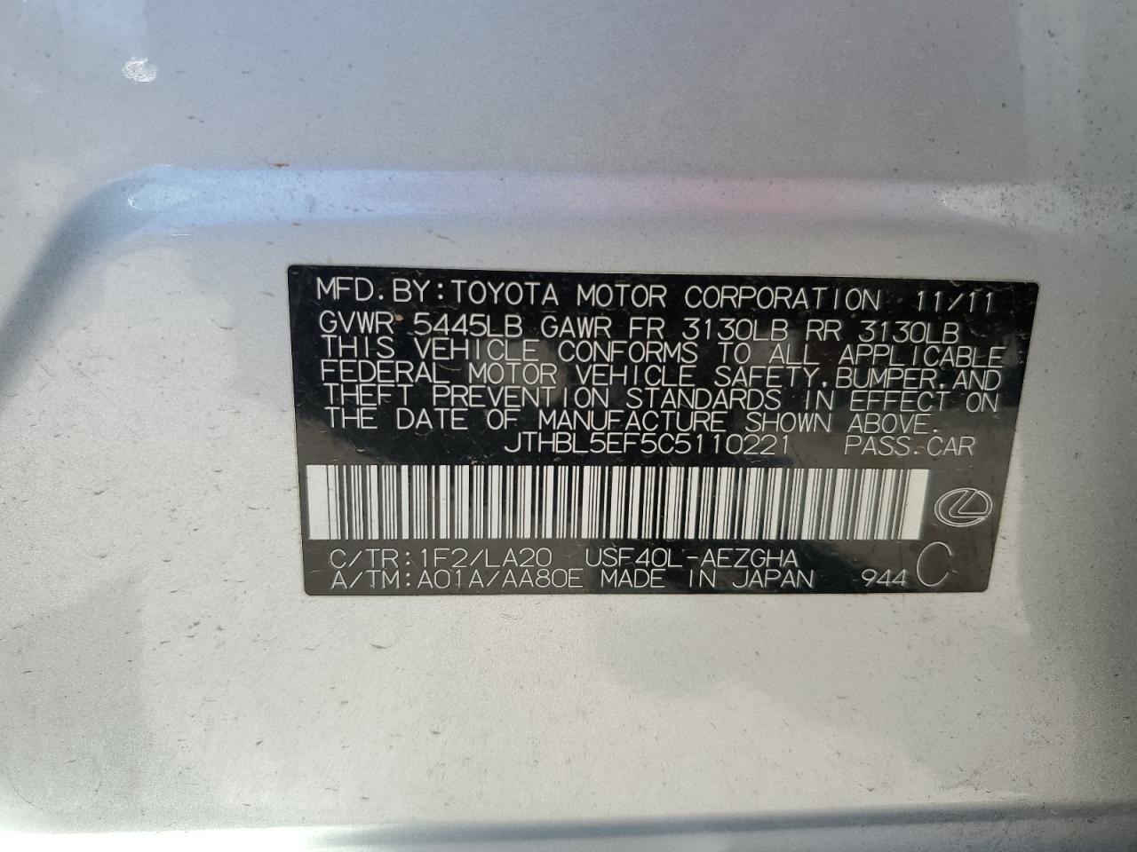 2012 Lexus LS VIN JTHBL5EF5C5110221 Copart auction photo, side damage thumbnail 14