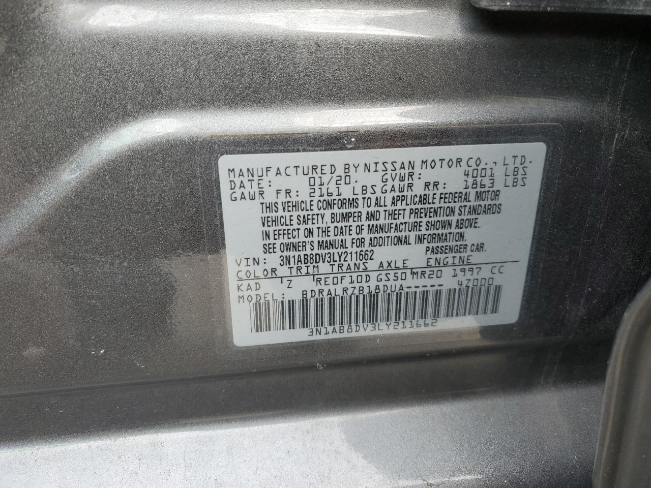 2020 Nissan Sentra VIN 3N1AB8DV3LY211662 Copart auction photo, front end / rear end damage thumbnail 13