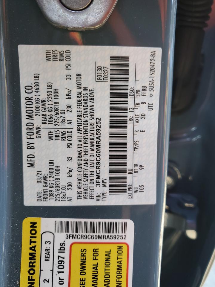 2021 Ford Bronco VIN 3FMCR9C60MRA59252 Copart auction photo, rear end damage thumbnail 12