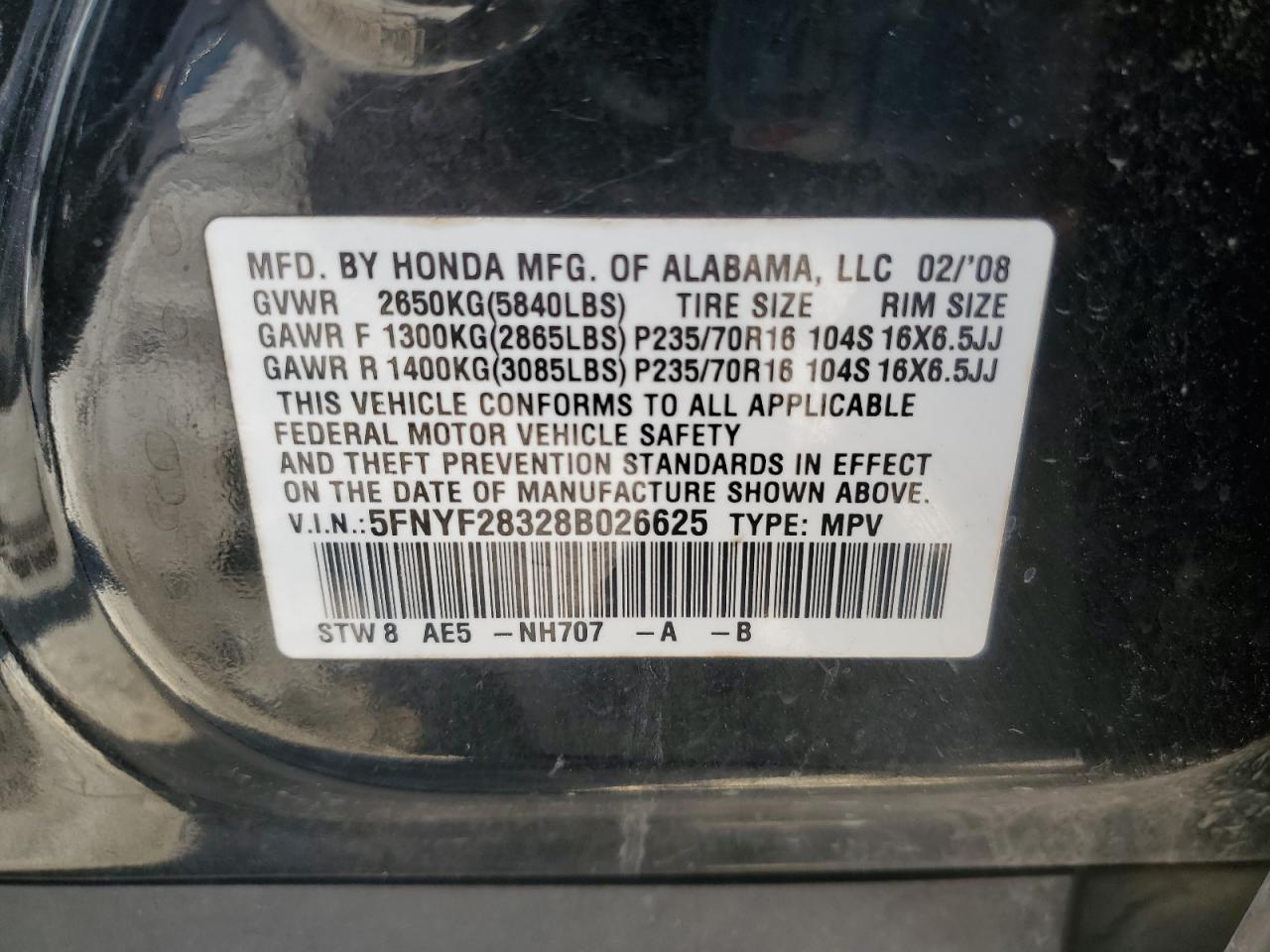 2008 Honda Pilot VIN 5FNYF28328B026625 Copart auction photo, front end damage thumbnail 14