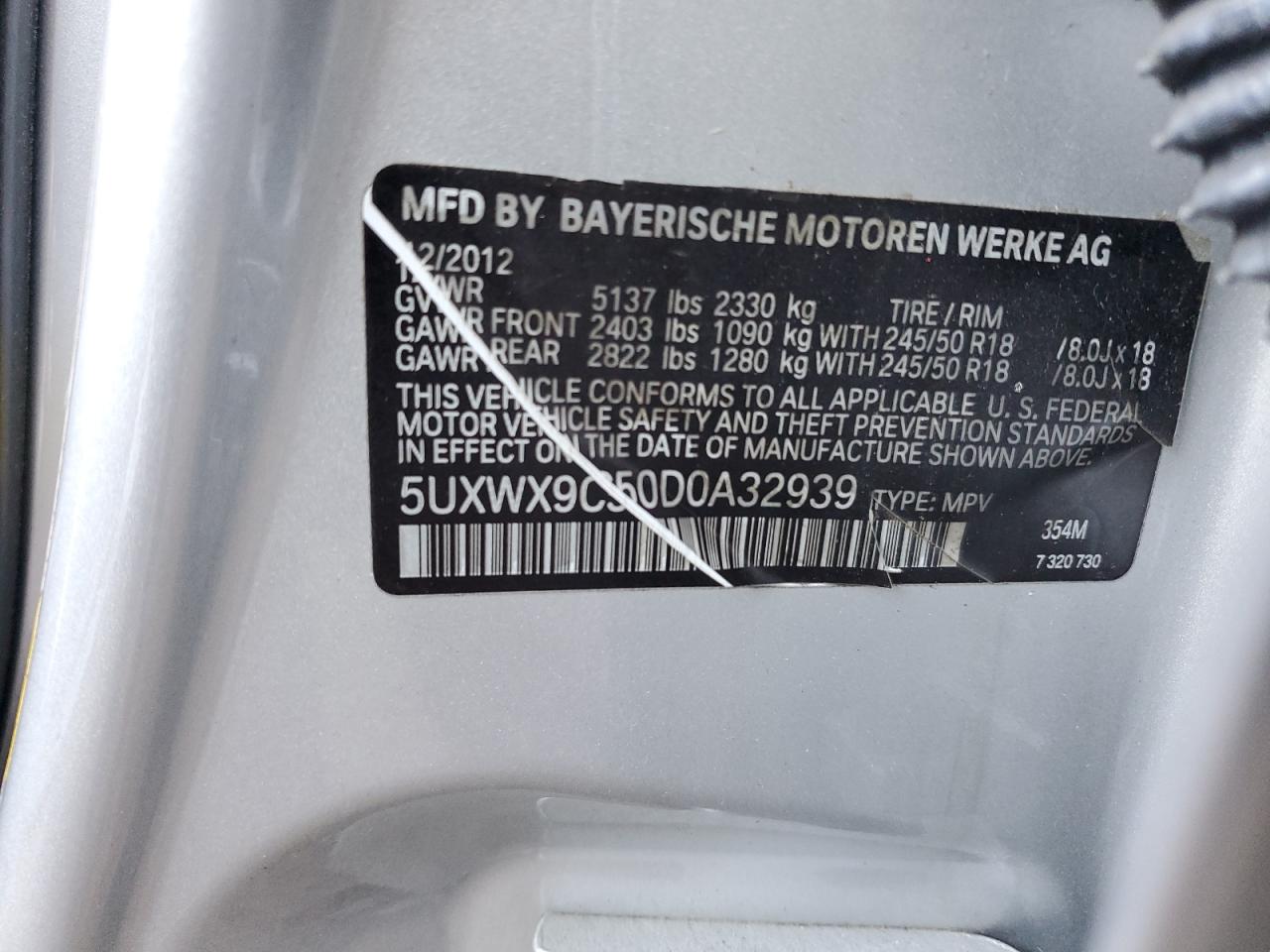 2013 BMW X3 VIN 5UXWX9C50D0A32939 Copart auction photo, front end / rear end damage thumbnail 13