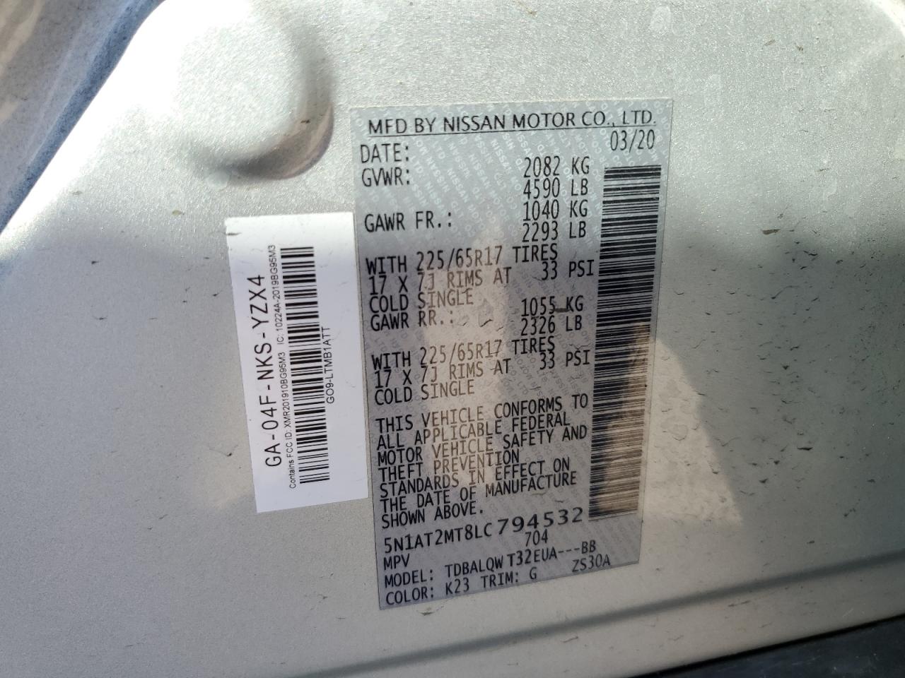 2020 Nissan Rogue VIN 5N1AT2MT8LC794532 Copart auction photo, front end / minor dent/scratches damage thumbnail 13