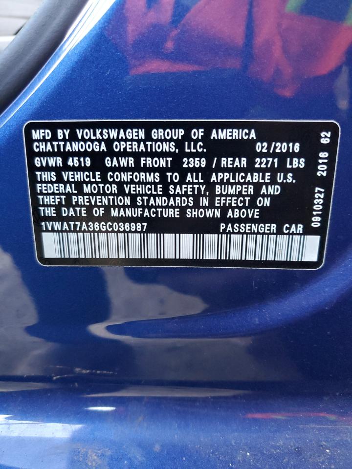 2016 Volkswagen Passat VIN 1VWAT7A36GC036987 Copart auction photo, rear end damage thumbnail 12