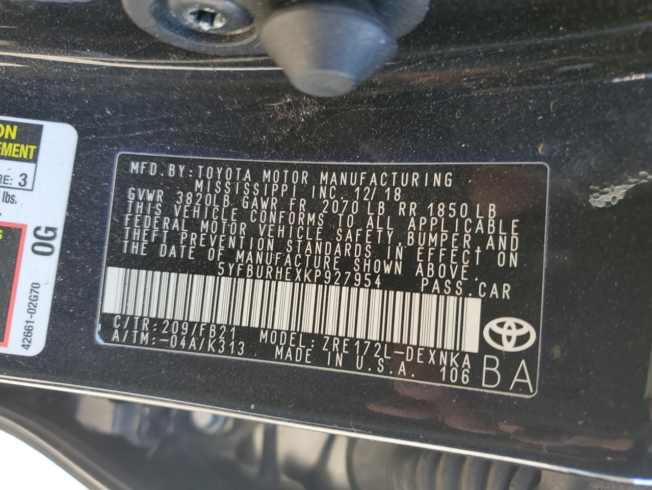 2019 Toyota Corolla VIN 5YFBURHEXKP927954 Copart auction photo, rollover damage thumbnail 13