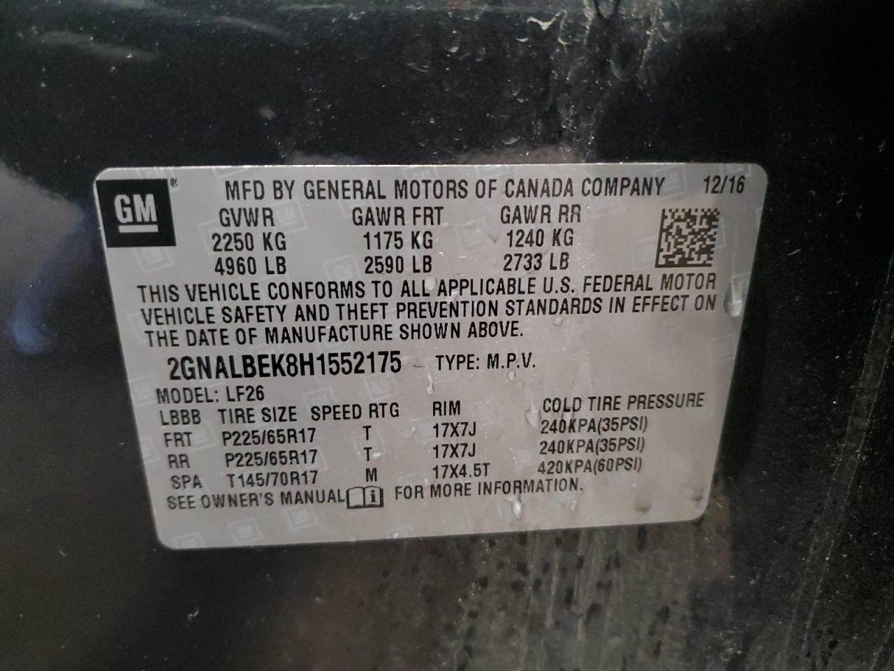 2017 Chevrolet Equinox VIN 2GNALBEK8H1552175 Copart auction photo, undercarriage damage thumbnail 13