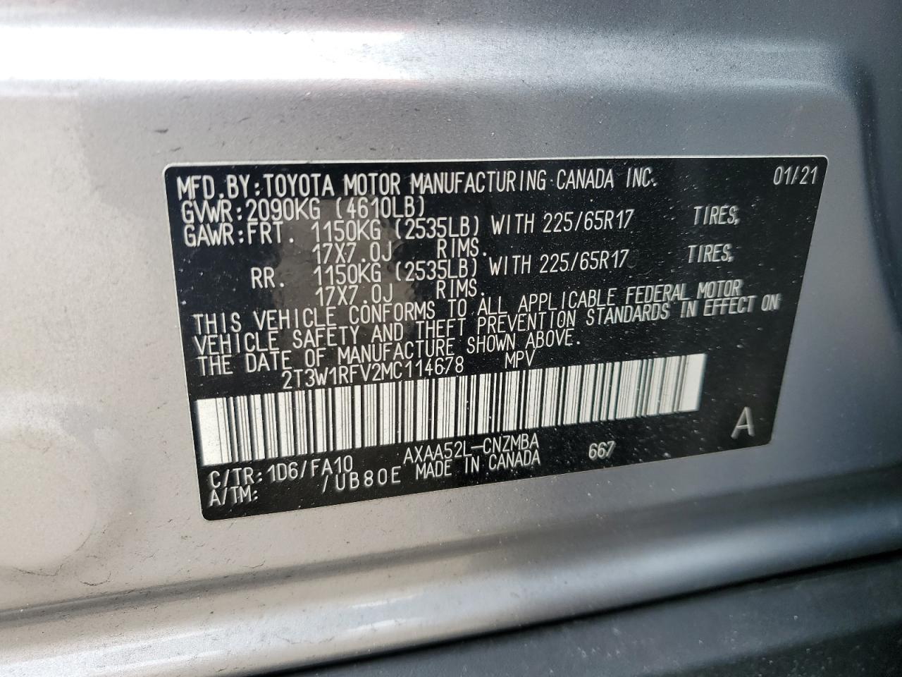 2021 Toyota RAV 4 VIN 2T3W1RFV2MC114678 Copart auction photo, side damage thumbnail 13