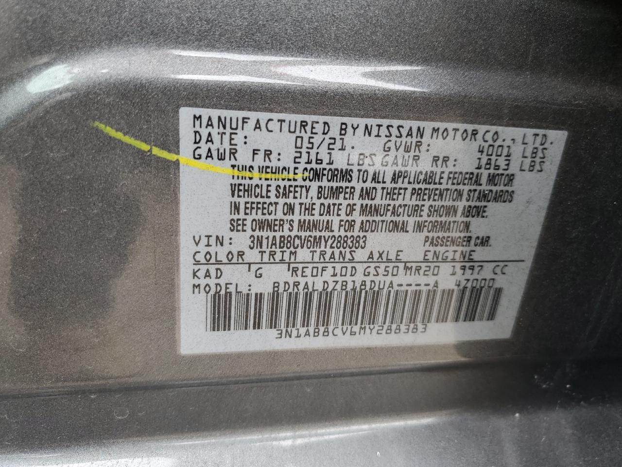 2021 Nissan Sentra VIN 3N1AB8CV6MY288383 Copart auction photo, front end damage thumbnail 14