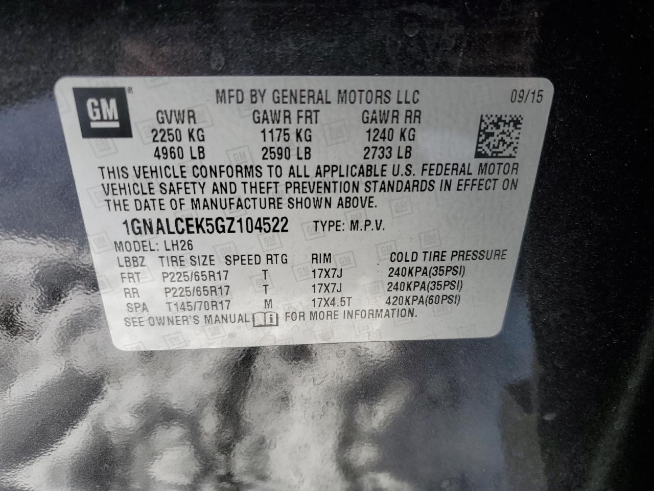 2016 Chevrolet Equinox VIN 1GNALCEK5GZ104522 Copart auction photo, front end damage thumbnail 13