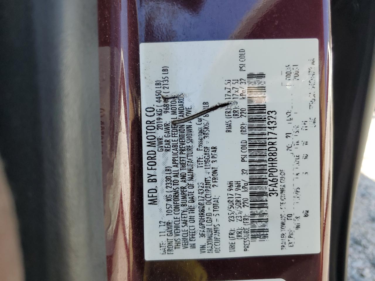 2013 Ford Fusion VIN 3FA6P0HR8DR174323 Copart auction photo, rear end damage thumbnail 12
