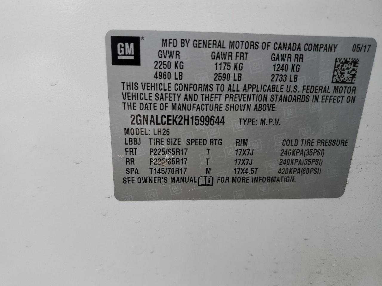 2017 Chevrolet Equinox VIN 2GNALCEK2H1599644 Copart auction photo, front end damage thumbnail 14