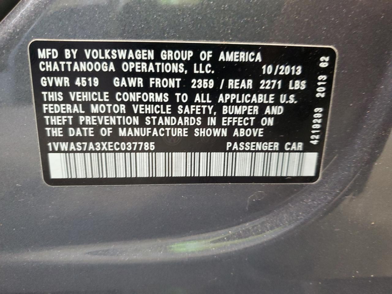 2014 Volkswagen Passat VIN 1VWAS7A3XEC037785 Copart auction photo, front end damage thumbnail 12