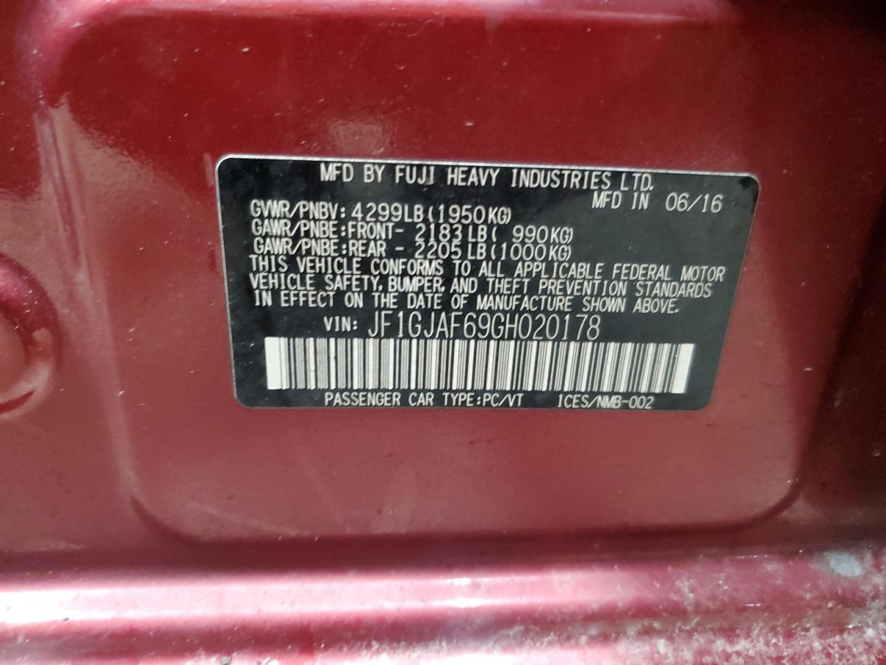 2016 Subaru Impreza VIN JF1GJAF69GH020178 Copart auction photo, front end / side damage thumbnail 12