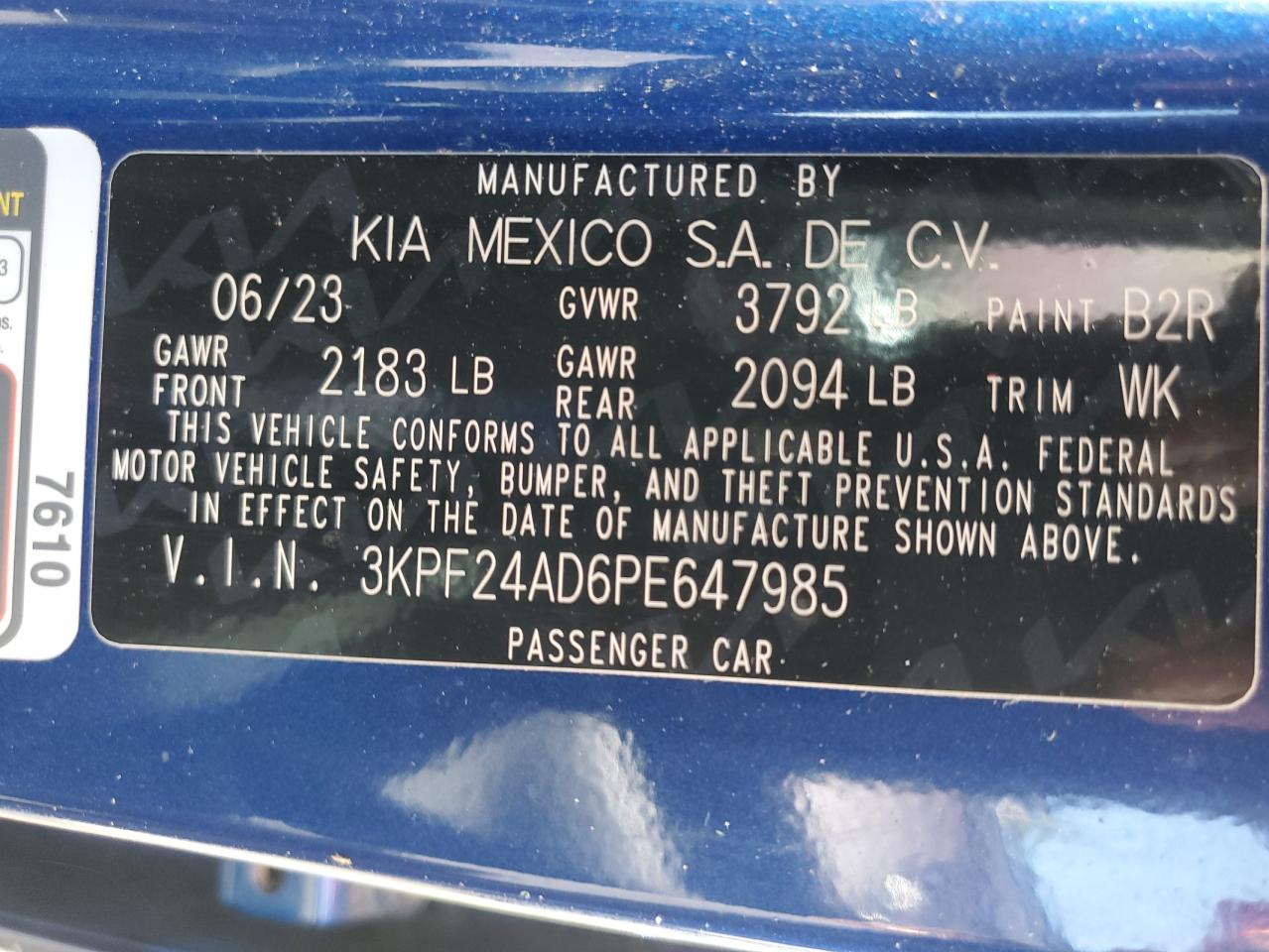 2023 KIA Forte VIN 3KPF24AD6PE647985 Copart auction photo, all over damage thumbnail 13