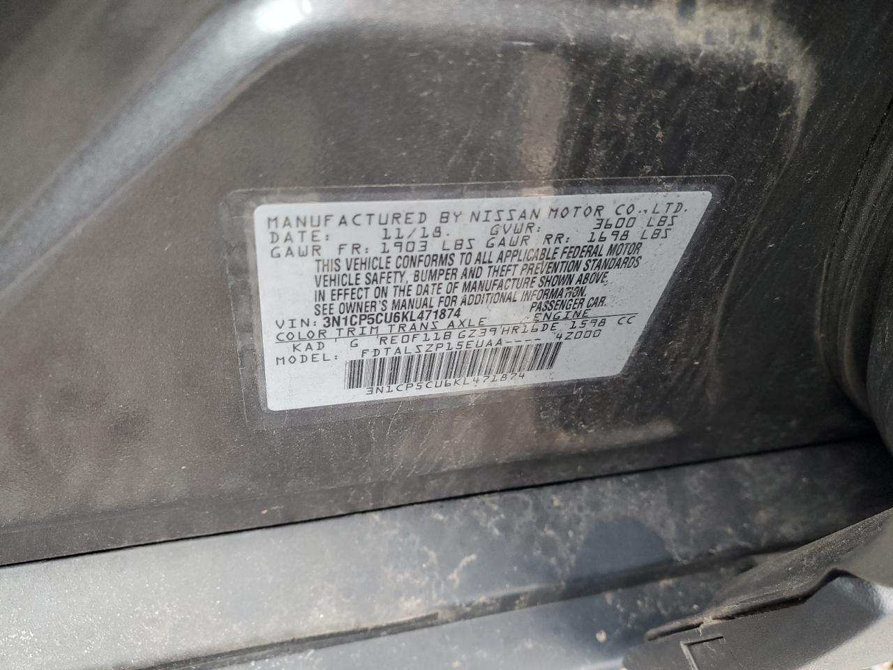 2019 Nissan Kicks VIN 3N1CP5CU6KL471874 Copart auction photo, front end / undercarriage damage thumbnail 13