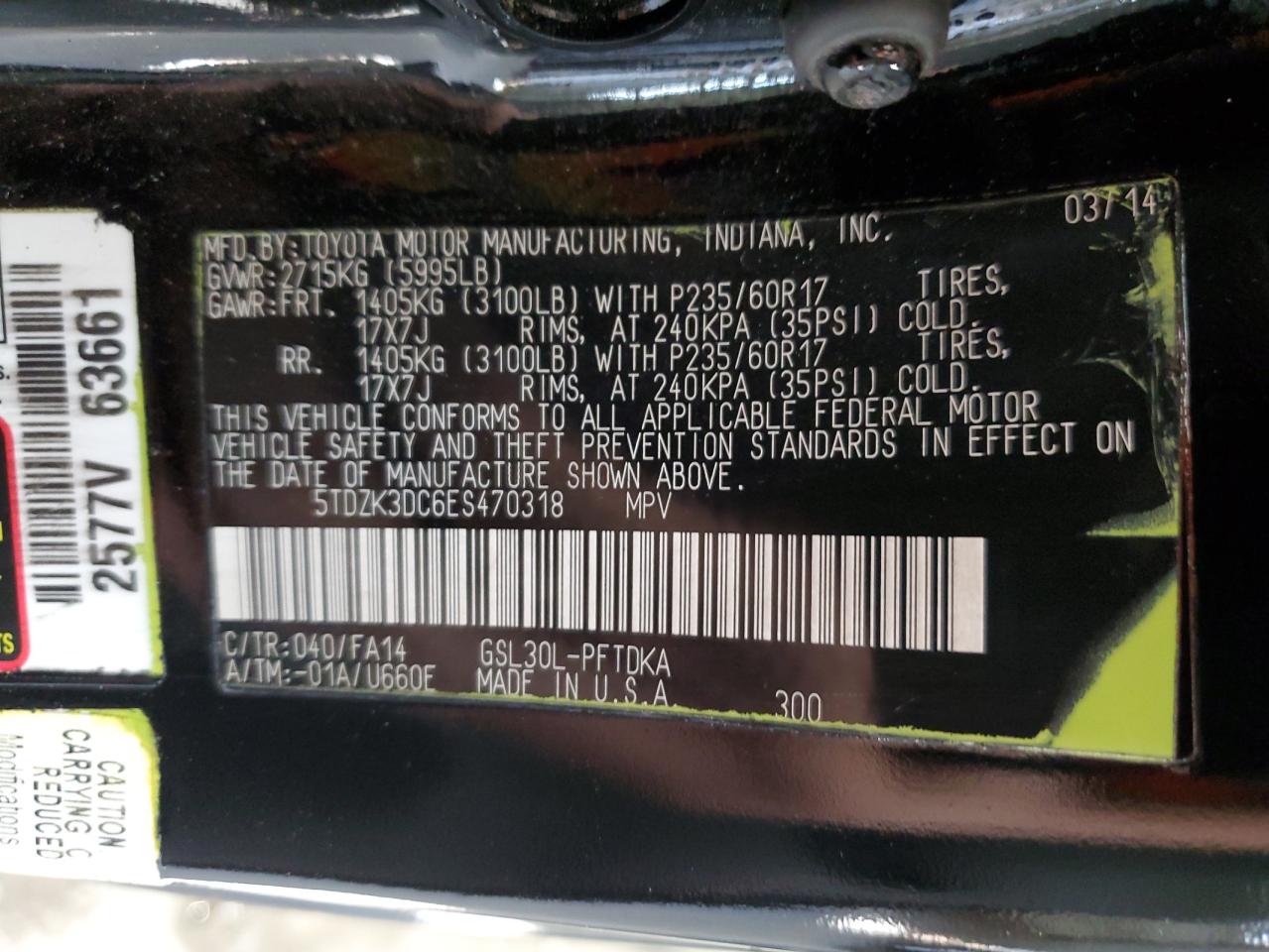 2014 Toyota Sienna VIN 5TDZK3DC6ES470318 Copart auction photo, front end / hail damage thumbnail 14