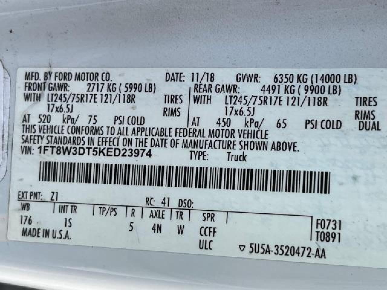 2019 Ford F350 VIN 1FT8W3DT5KED23974 Copart auction photo, minor dent/scratches / normal wear damage thumbnail 10