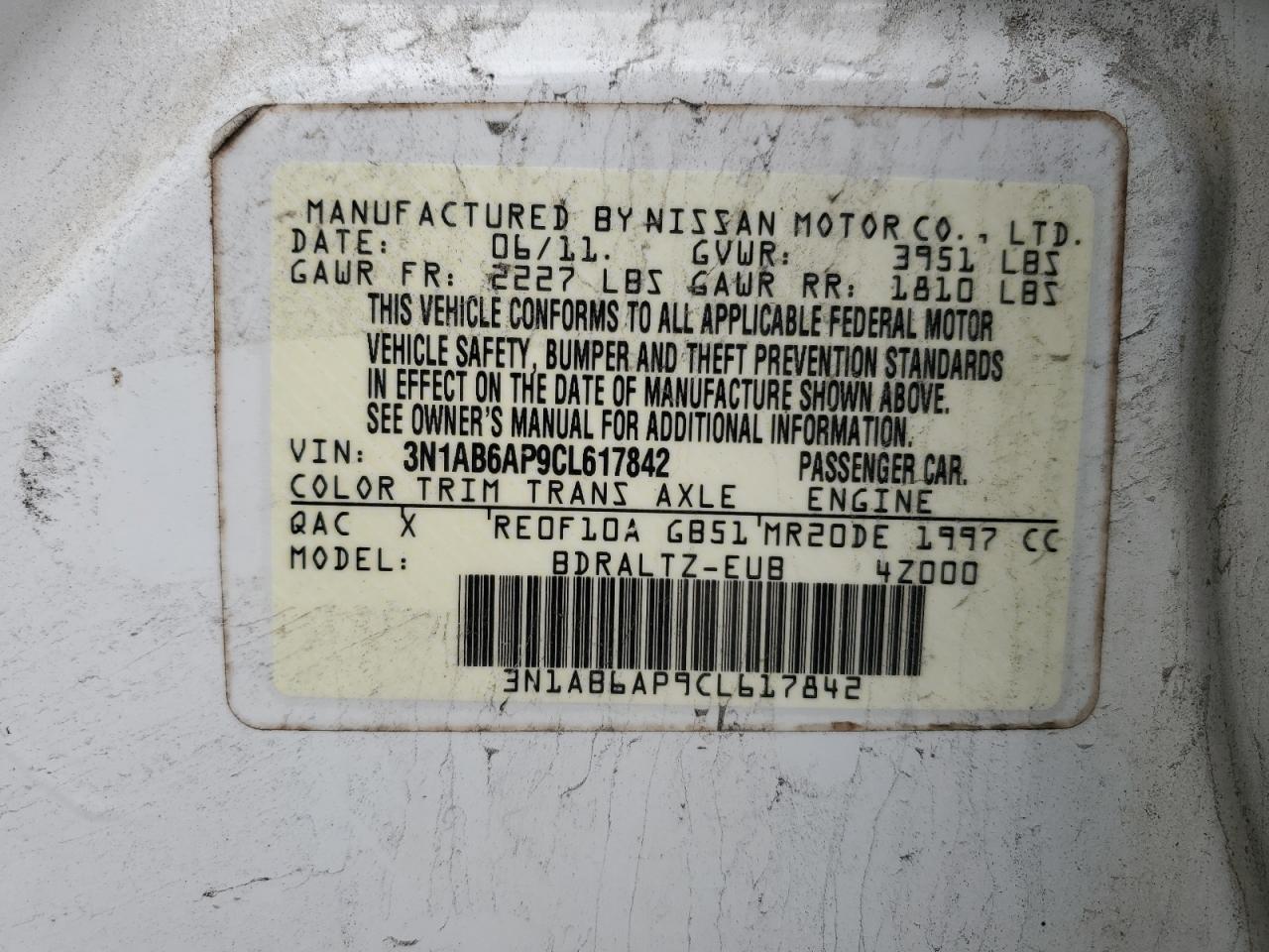 2012 Nissan Sentra VIN 3N1AB6AP9CL617842 Copart auction photo, all over damage thumbnail 14