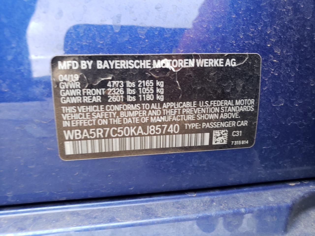 2019 BMW 3er VIN WBA5R7C50KAJ85740 Copart auction photo, all over damage thumbnail 12