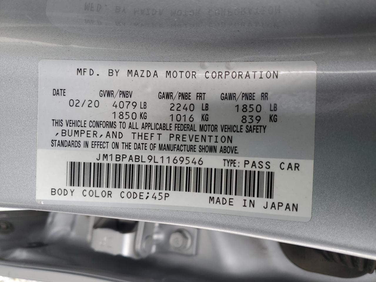 2020 Mazda 3 VIN JM1BPABL9L1169546 Copart auction photo, front end / side damage thumbnail 14