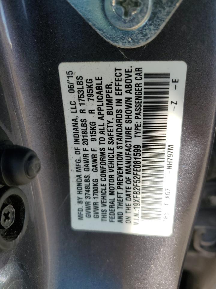 2015 Honda Civic VIN 19XFB2F52FE081599 Copart auction photo, front end / rear end damage thumbnail 12