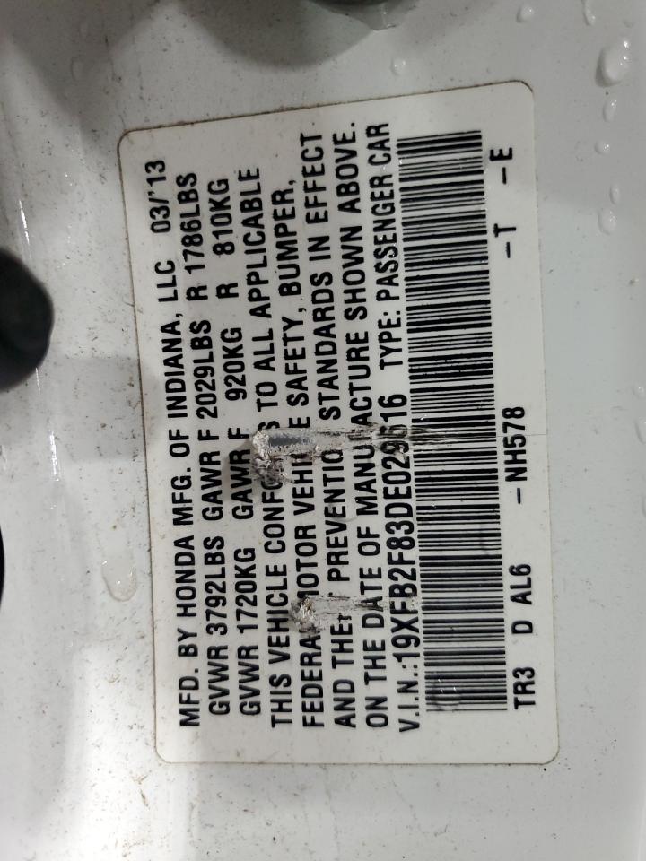 2013 Honda Civic VIN 19XFB2F83DE029616 Copart auction photo, front end / rear end damage thumbnail 13