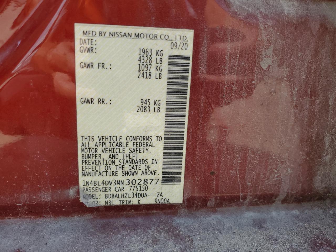 2021 Nissan Altima VIN 1N4BL4DV3MN302877 Copart auction photo, front end / side damage thumbnail 14