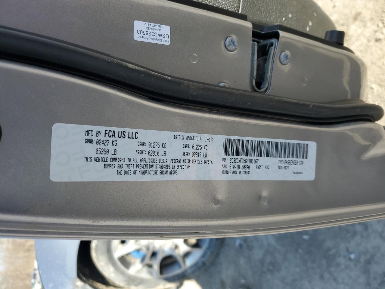 2016 Dodge Charger VIN 2C3CDXFG5GH181167 Copart auction photo, front end damage thumbnail 12