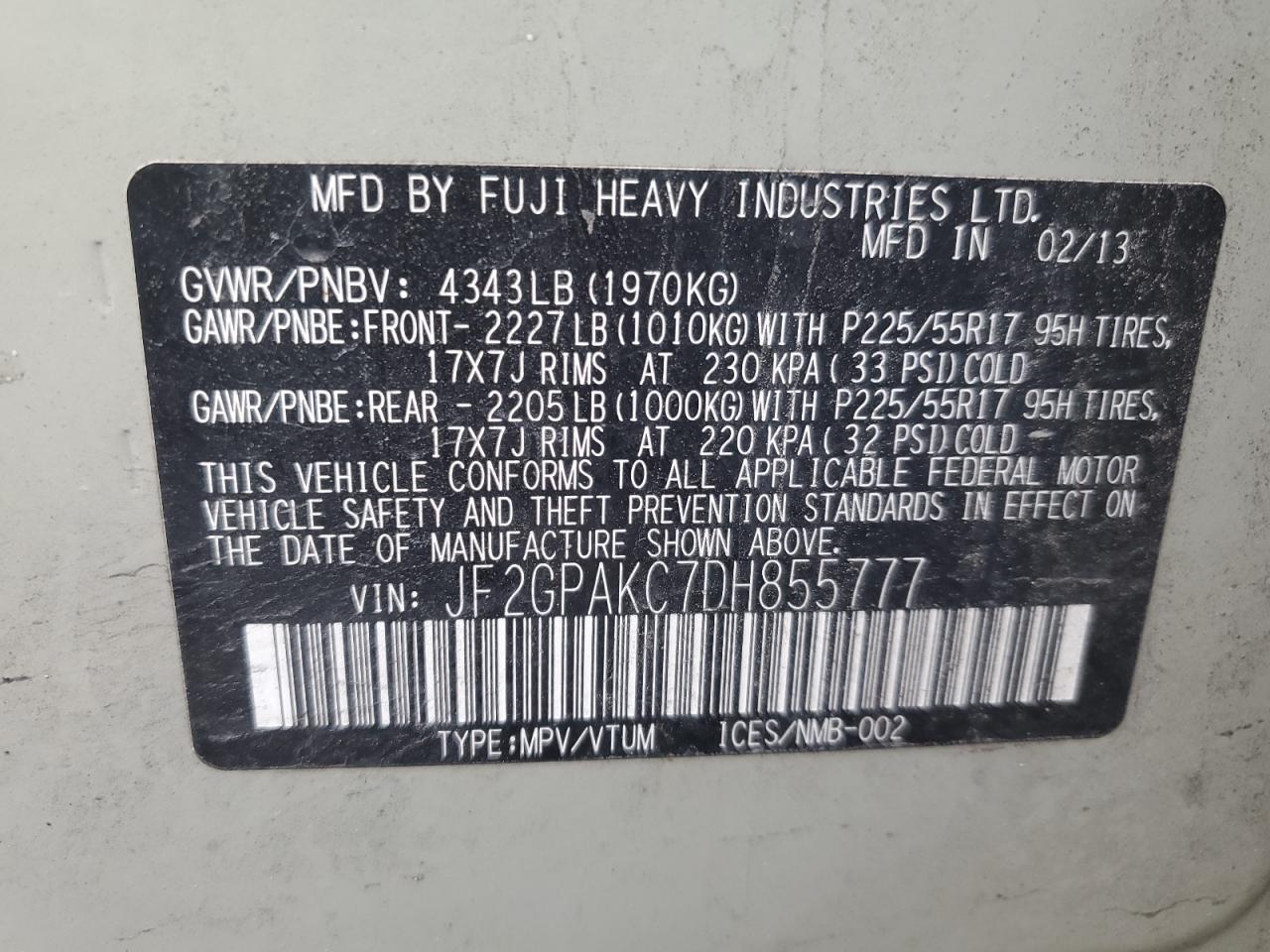 2013 Subaru XV VIN JF2GPAKC7DH855777 Copart auction photo, front end / rear end damage thumbnail 14
